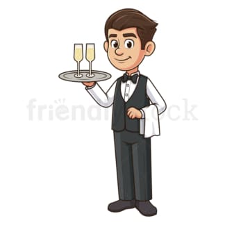 Cartoon waiter serving champagne. PNG - JPG and vector EPS file formats (infinitely scalable). Image isolated on transparent background.