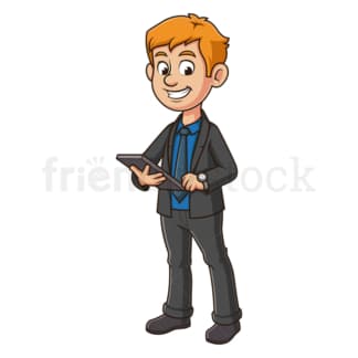 Cartoon business manager holding tablet. PNG - JPG and vector EPS file formats (infinitely scalable). Image isolated on transparent background.