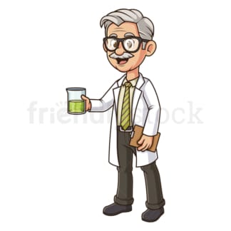 Cartoon scientist holding vial. PNG - JPG and vector EPS file formats (infinitely scalable). Image isolated on transparent background.
