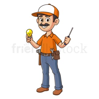 Cartoon electrician holding light bulb. PNG - JPG and vector EPS file formats (infinitely scalable). Image isolated on transparent background.
