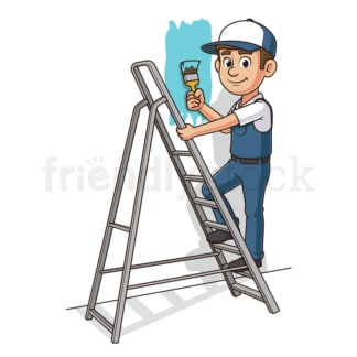 Cartoon house painter on stairs. PNG - JPG and vector EPS file formats (infinitely scalable). Image isolated on transparent background.