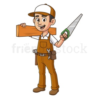 Cartoon carpenter holding handsaw. PNG - JPG and vector EPS file formats (infinitely scalable). Image isolated on transparent background.