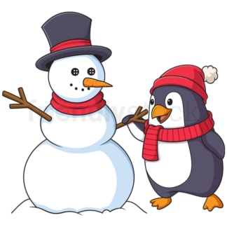 Cartoon winter penguin building snowman. PNG - JPG and vector EPS file formats (infinitely scalable). Image isolated on transparent background.