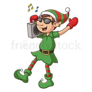 Cartoon funky christmas elf holding boombox. PNG - JPG and vector EPS (infinitely scalable).