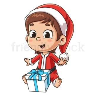 Excited girl baby santa w xmas gift. PNG - JPG and vector EPS (infinitely scalable).