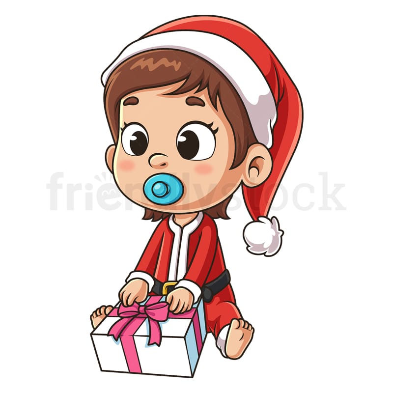 Cartoon girl santa opening xmas present. PNG - JPG and vector EPS (infinitely scalable).
