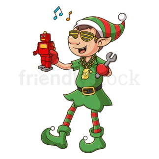 Cartoon christmas elf holding toy robot. PNG - JPG and vector EPS (infinitely scalable).