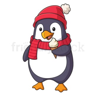 Cartoon winter penguin eating ice cream. PNG - JPG and vector EPS file formats (infinitely scalable). Image isolated on transparent background.