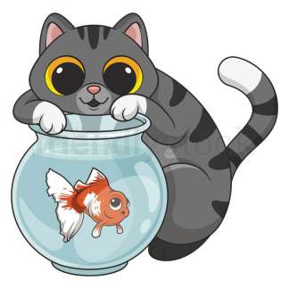 Cartoon cat with fish tank. PNG - JPG and vector EPS file formats (infinitely scalable). Image isolated on transparent background.