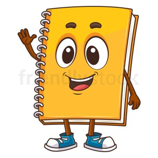 Cartoon notebook character waving. PNG - JPG and vector EPS (infinitely scalable).