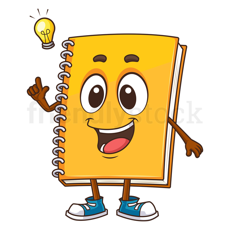 Cartoon notebook character having an idea. PNG - JPG and vector EPS (infinitely scalable).